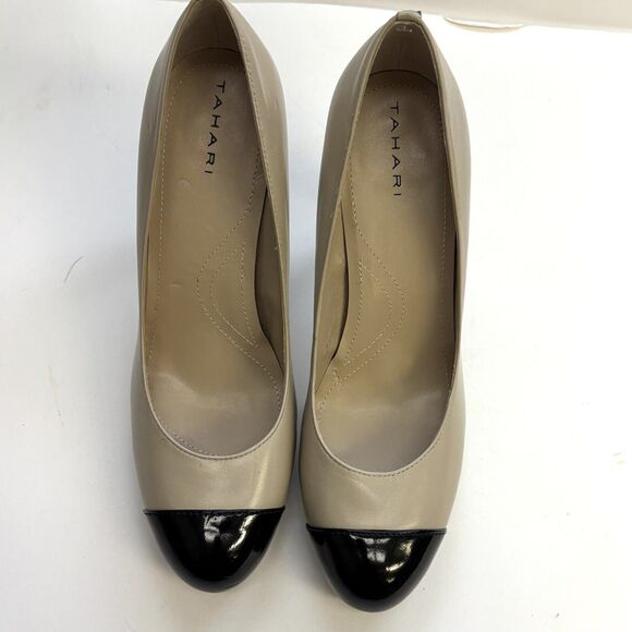TAHARI Laura Two Tone Leather Pump Heels Black & Tan NEW - Picture 8 of 11